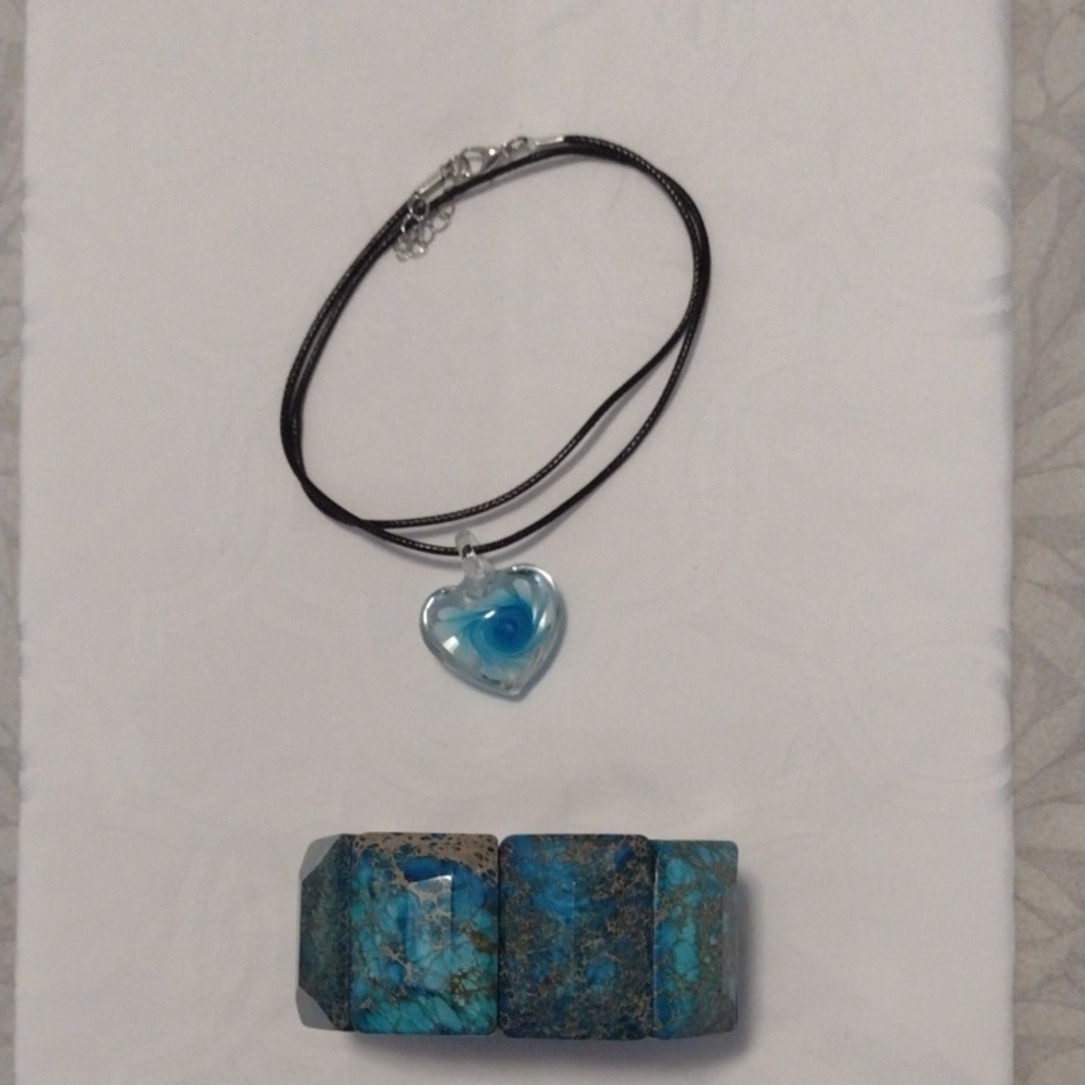 Blue Heart Glass Pendant Necklace with Black Cord And Chunky Bracket